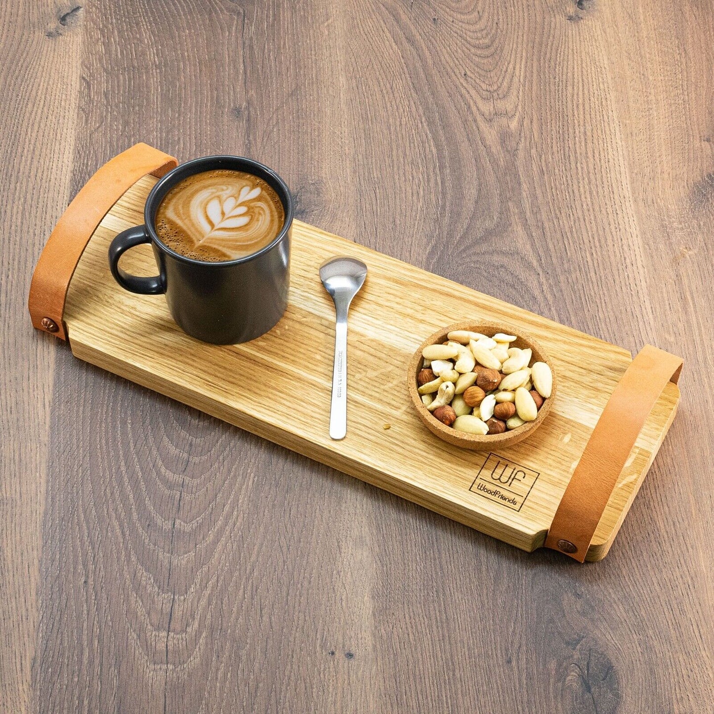WoodFriends Servierbrett aus Eiche Massivholz 40x15x2cm Ledergriff Schneidebrett