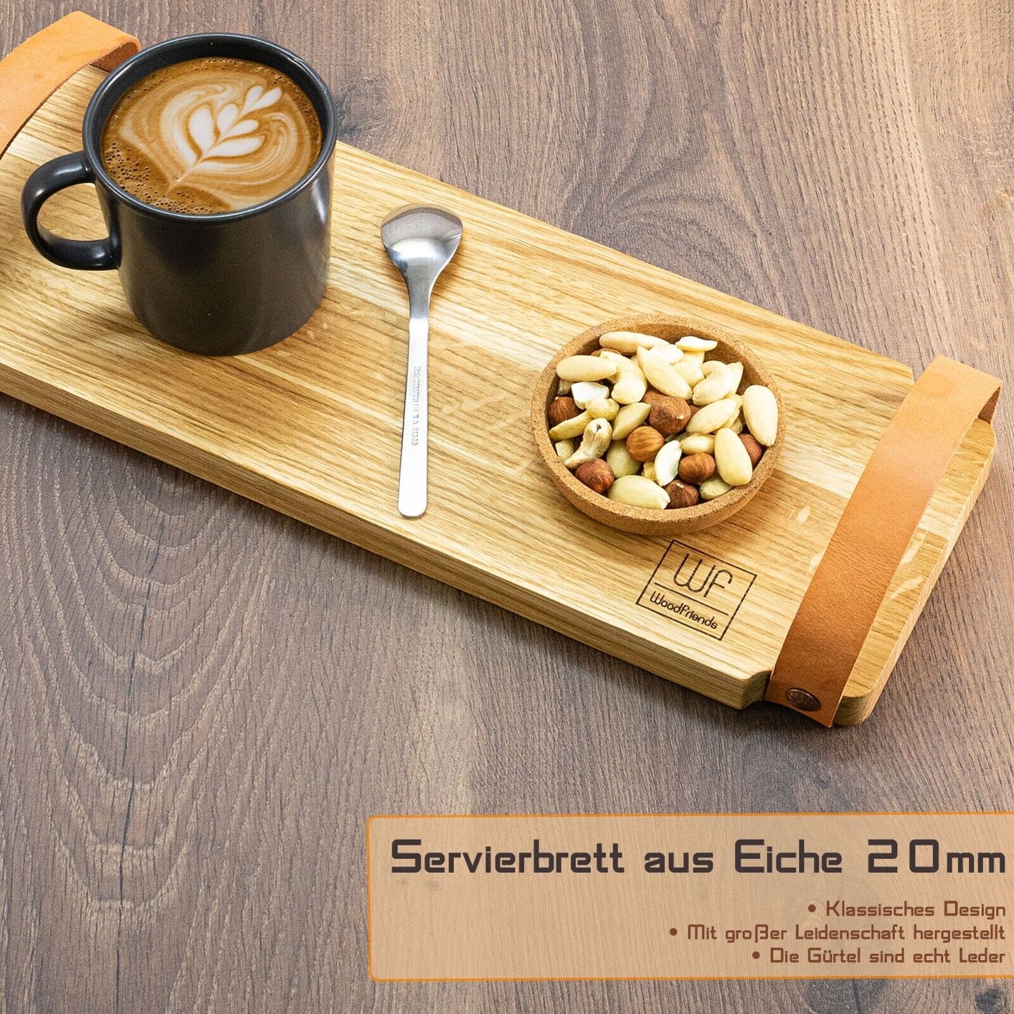 WoodFriends Servierbrett aus Eiche Massivholz 40x15x2cm Ledergriff Schneidebrett