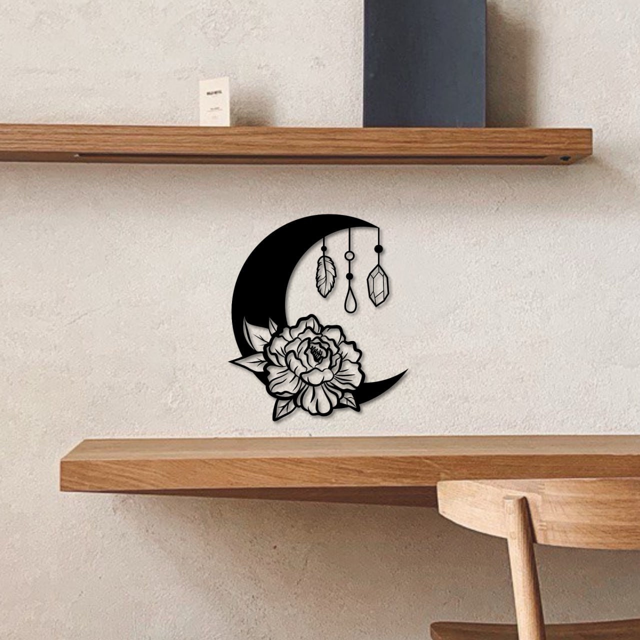 Wandbild aus Holz schöne Mondblume Holzschild zum Aufkleben Naturliebhaber Nacht Mond Deko f Frauen Wandkunst Geburtstagsgeschenk Klebepads