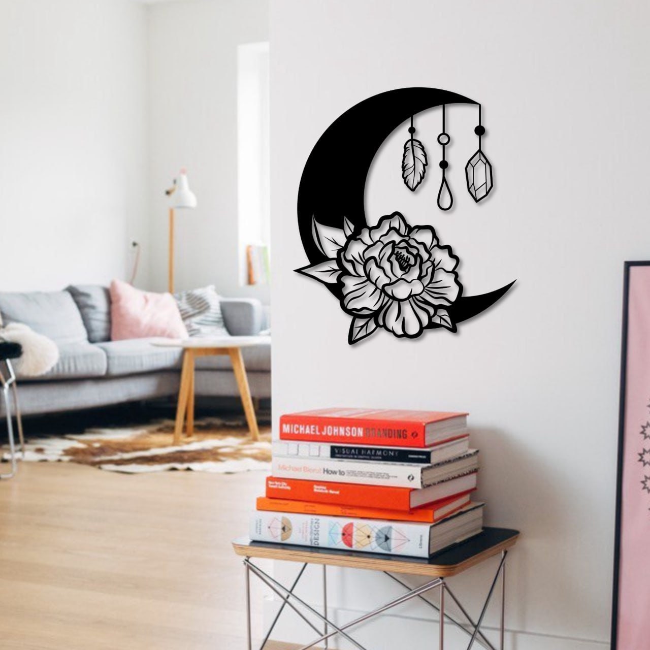 Wandbild aus Holz schöne Mondblume Holzschild zum Aufkleben Naturliebhaber Nacht Mond Deko f Frauen Wandkunst Geburtstagsgeschenk Klebepads