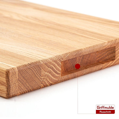 WoodFriends Schneidebrett aus Eiche Massivholz 40x30x4cm Griffmulde Grillbrett