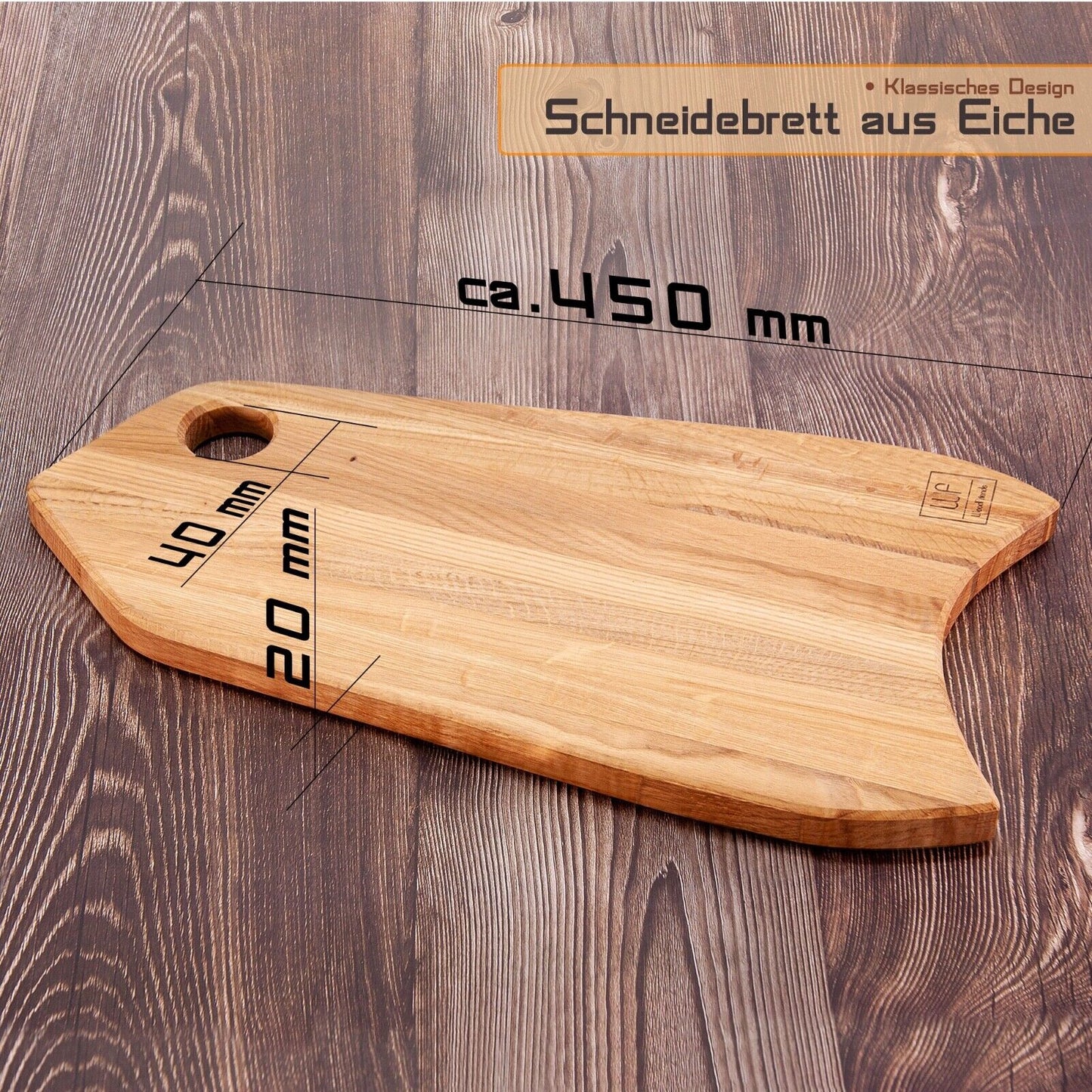 WoodFriends Schneidebrett aus Eiche Massivholz 45x25x2 cm mit Griffaussparung