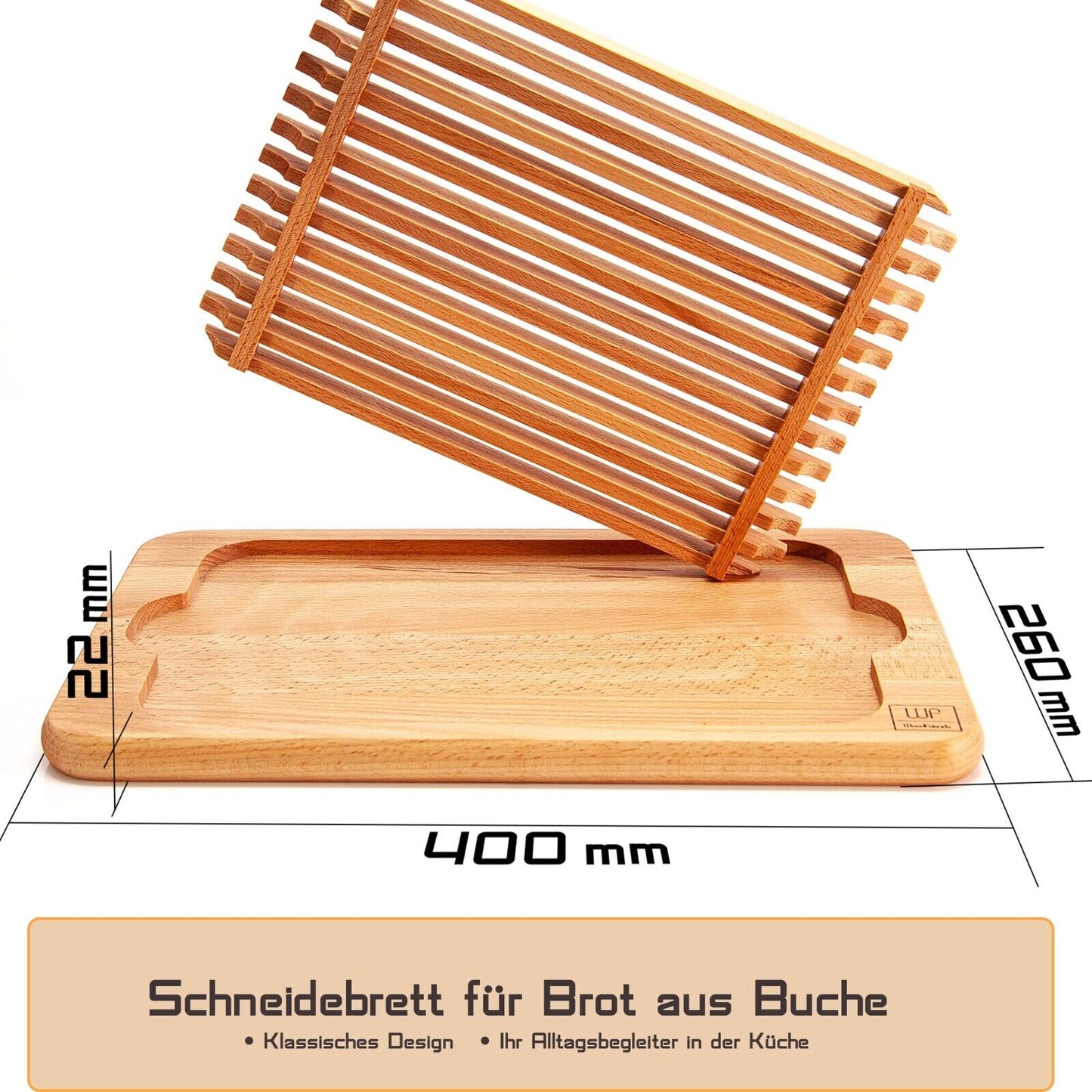 WoodFriends Schneidebrett für Brot aus Buche 40x26x2,2cm mit Rillen Servierbrett