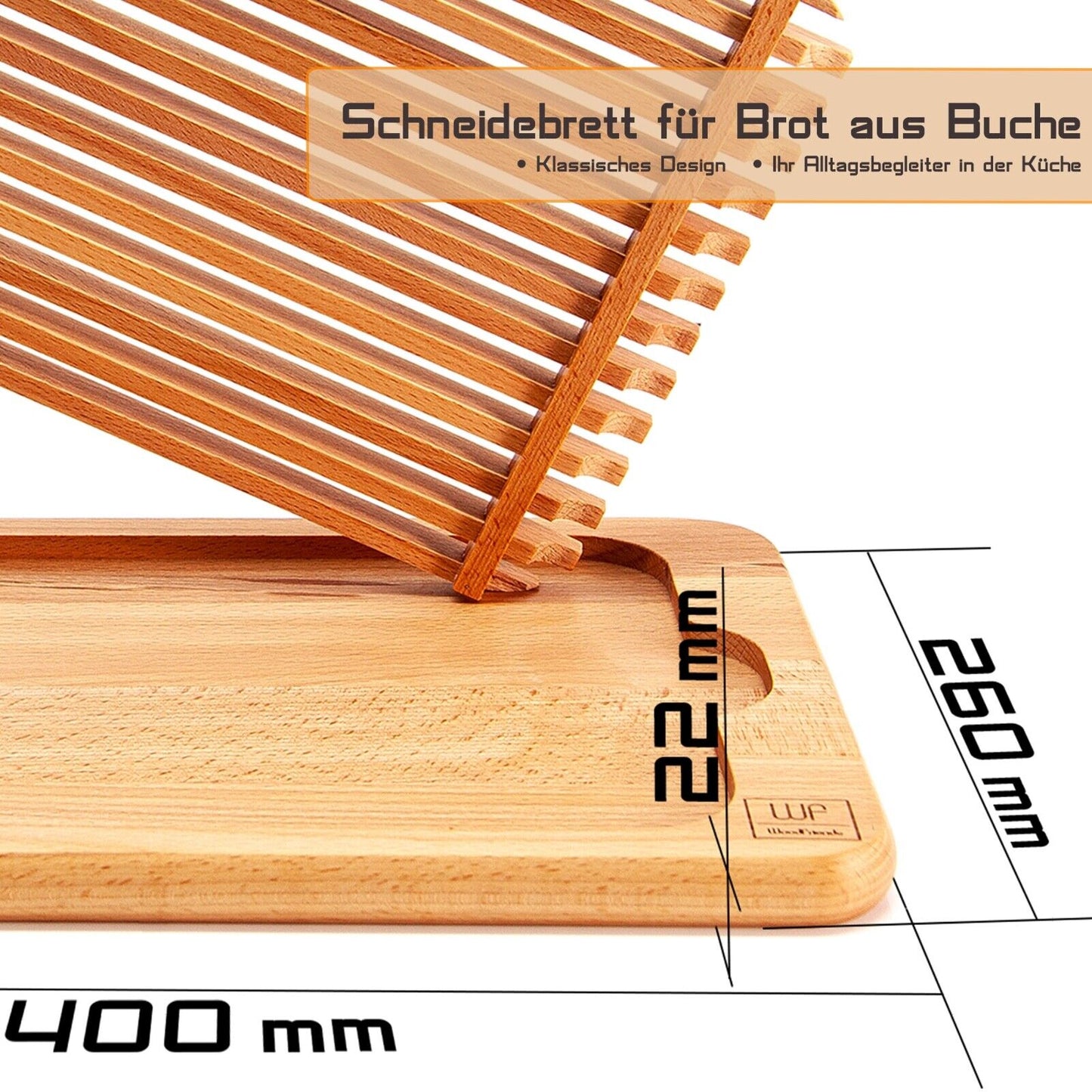 WoodFriends Schneidebrett für Brot aus Buche 40x26x2,2cm mit Rillen Servierbrett