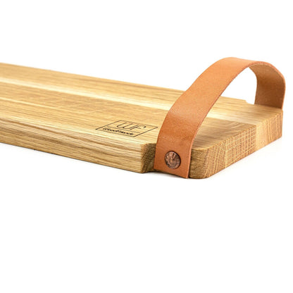 WoodFriends Servierbrett aus Eiche Massivholz 40x15x2cm Ledergriff Schneidebrett