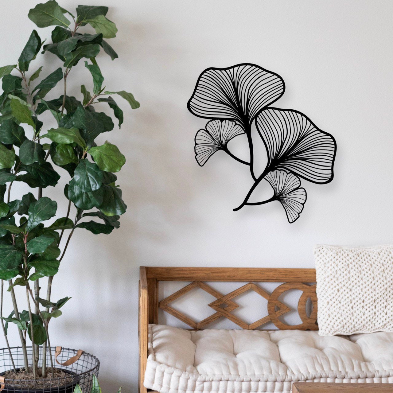 Wandbild aus Holz Ginkgo Blätter 68x68cm Holzschild zum Aufkleben Deko Wandkunst Geburtstagsgeschenk für Botaniker Pflanzen Blatt Tropische