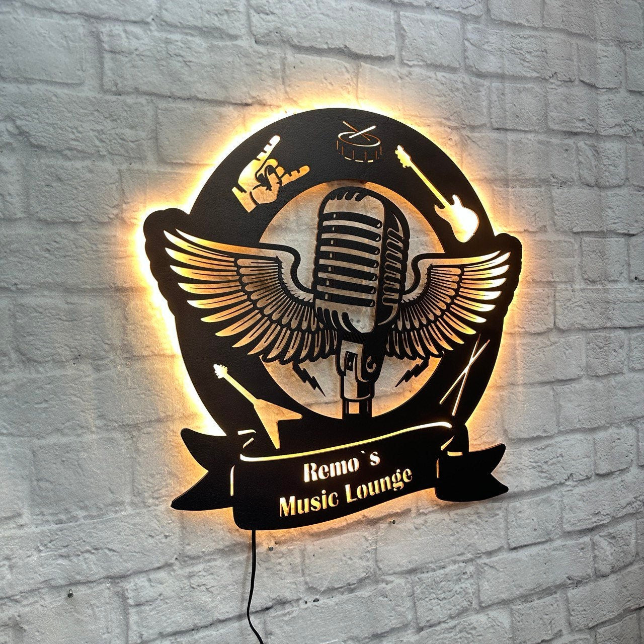 LED Musik-Wandschild: Personalisiertes Geschenk für Musiker Rock and Roll Deko aus Holz Beleuchtetes Design-Schild für Musikfans Bars DJ