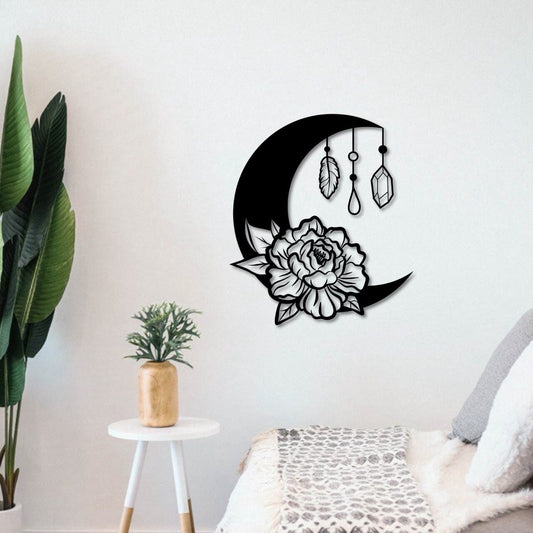 Wandbild aus Holz schöne Mondblume Holzschild zum Aufkleben Naturliebhaber Nacht Mond Deko f Frauen Wandkunst Geburtstagsgeschenk Klebepads