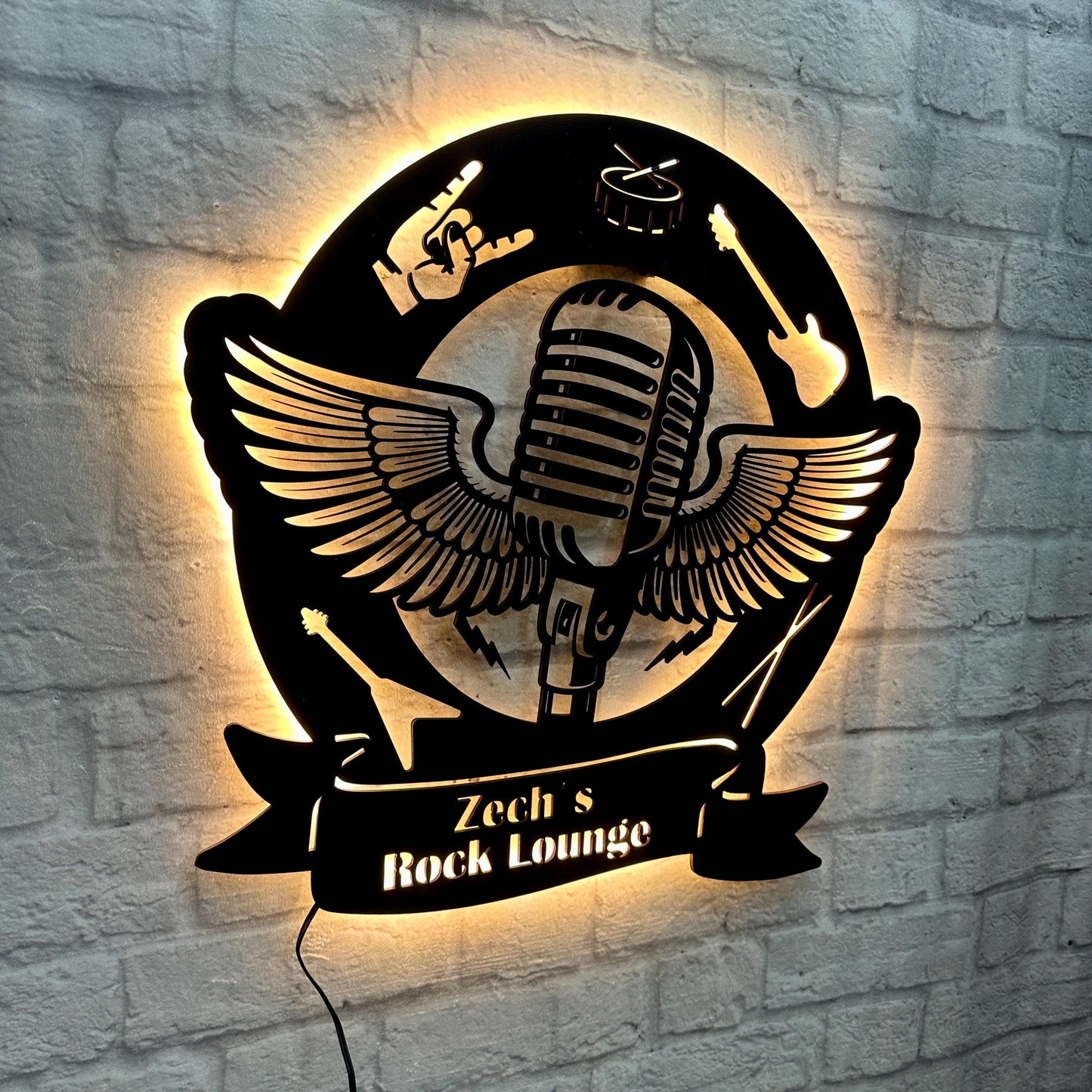 LED Musik-Wandschild: Personalisiertes Geschenk für Musiker Rock and Roll Deko aus Holz Beleuchtetes Design-Schild für Musikfans Bars DJ