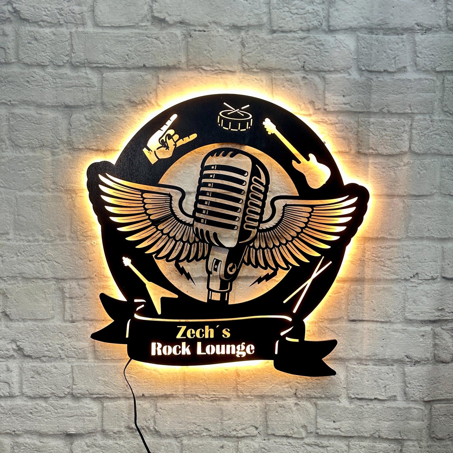LED Musik-Wandschild: Personalisiertes Geschenk für Musiker Rock and Roll Deko aus Holz Beleuchtetes Design-Schild für Musikfans Bars DJ