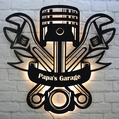 Wanddeko „Papa’s Garage“ – personalisierte Wanddekoration aus Holz – Werkstattschild als Geschenk für Papa, Männer & Schrauber