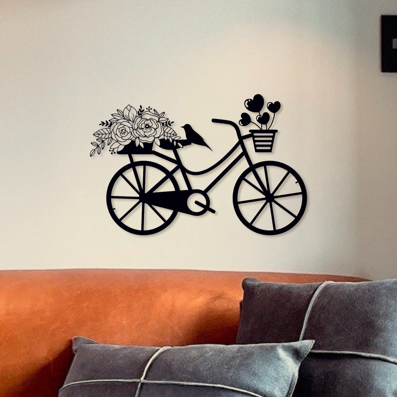 damenfahrrad zeichnung Wandbild aus Holz: Damenfahrrad mit Blumen